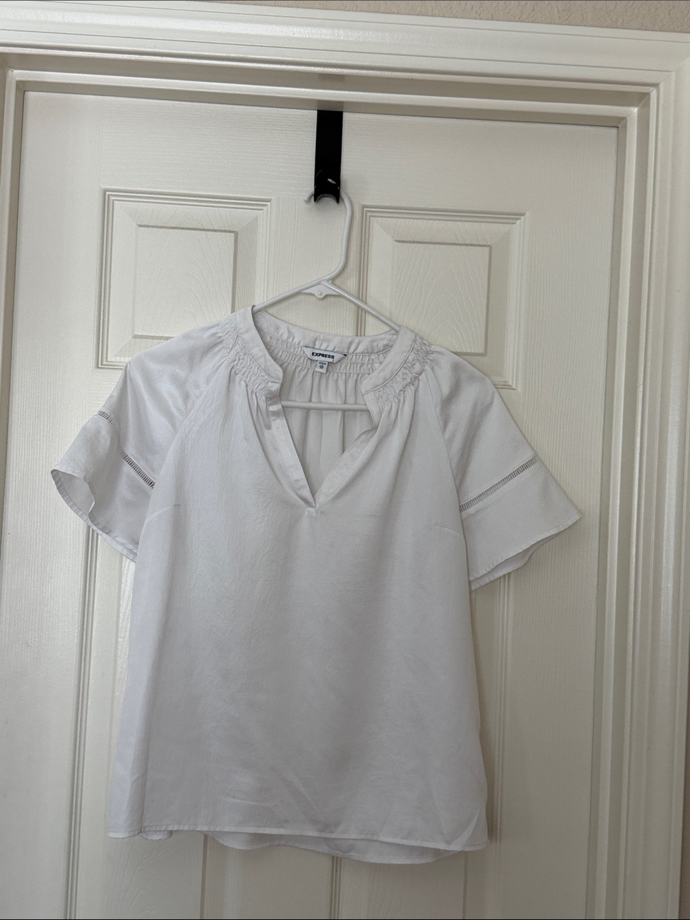 Express White Smocked Neck Flutter Sleeve Blouse